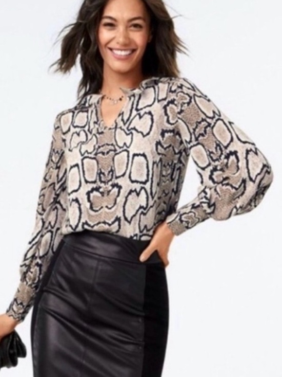 CAbi Tops - CAbi Snake Print Long Sleeve Blouse with Ruffle Collar in Black and Cream